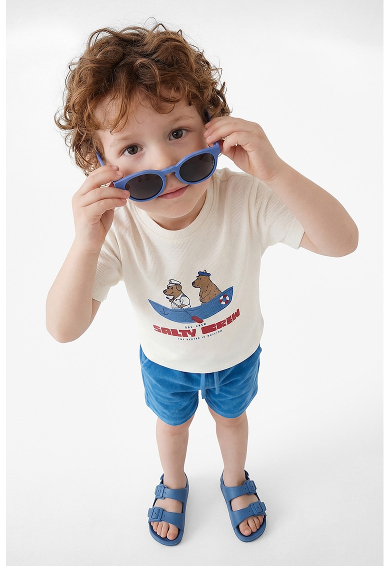Tricou din pique cu imprimeu grafic - Rosu cireasa/Albastru cobalt/Alb murdar
