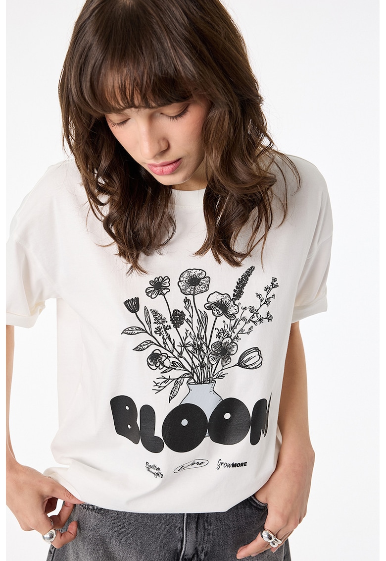 Tricou de bumbac cu imprimeu floral - Negru/Alb murdar