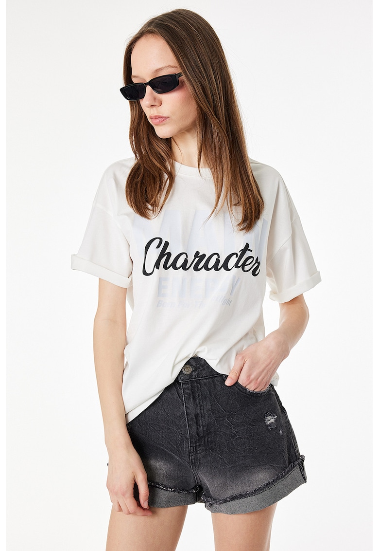 Tricou de bumbac cu imprimeu text - Negru stins/Alb murdar