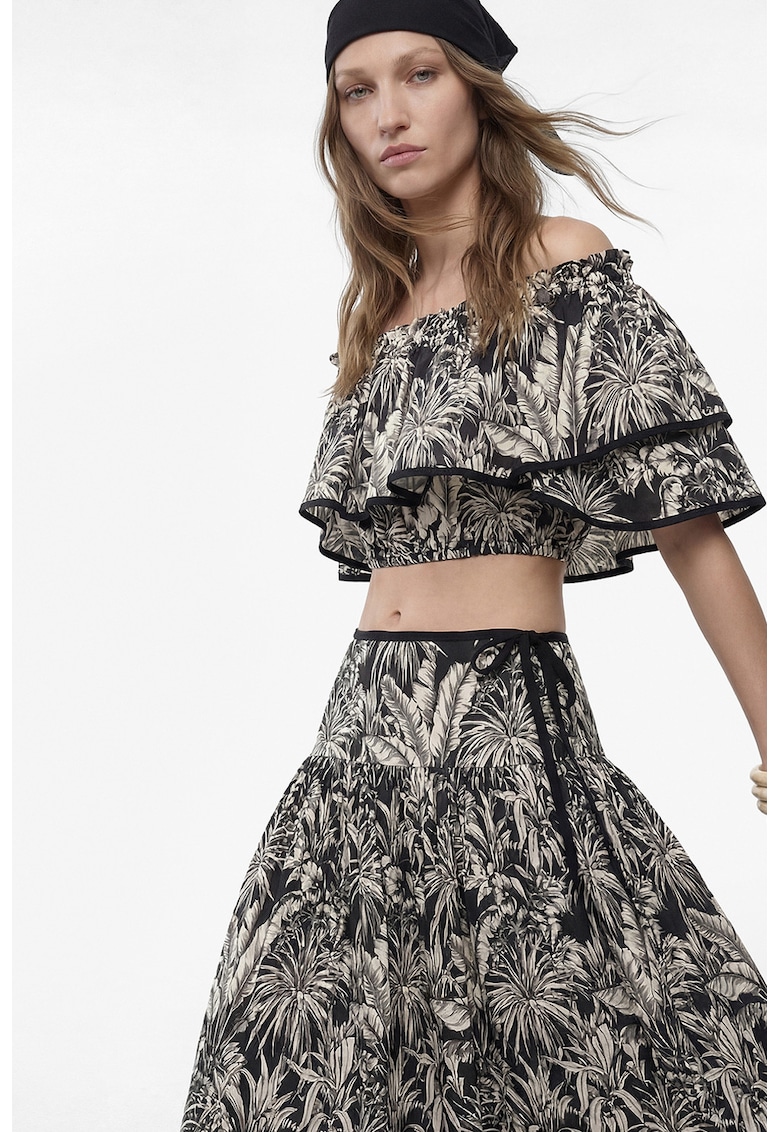 Top crop cu decolteu pe umeri - Alb fildes/Negru stins