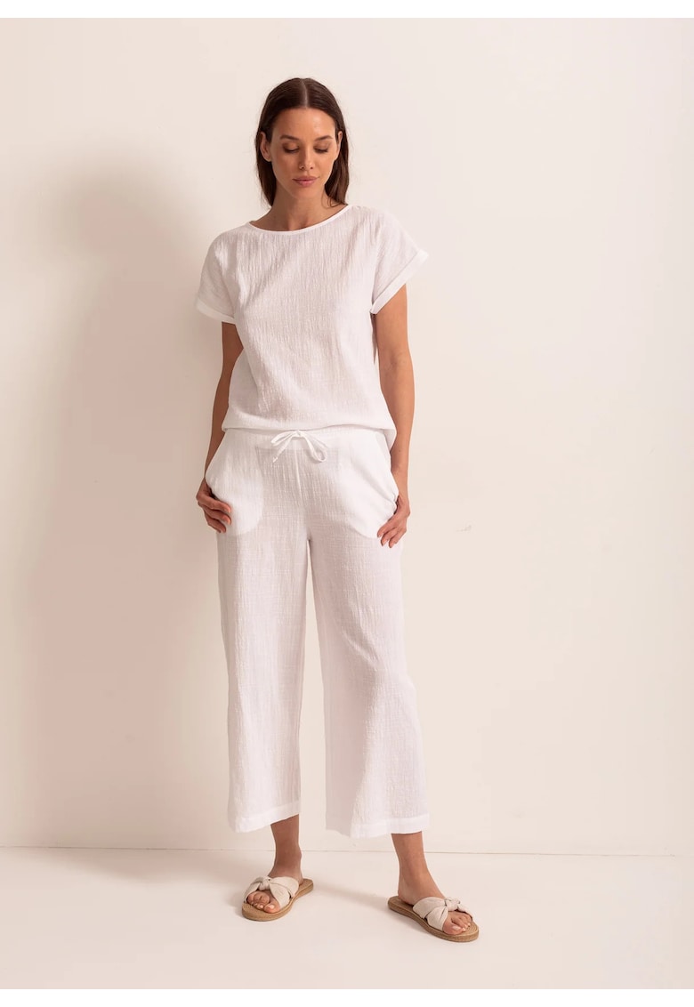 Pantaloni Dama Capri Panza Topita Bumbac - Alb