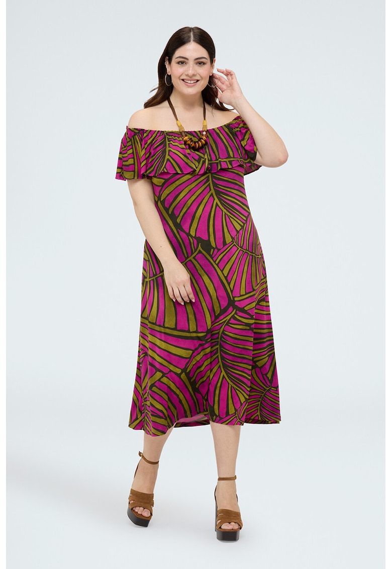Rochie midi cu decolteu pe umeri - Violet/Verde masliniu inchis
