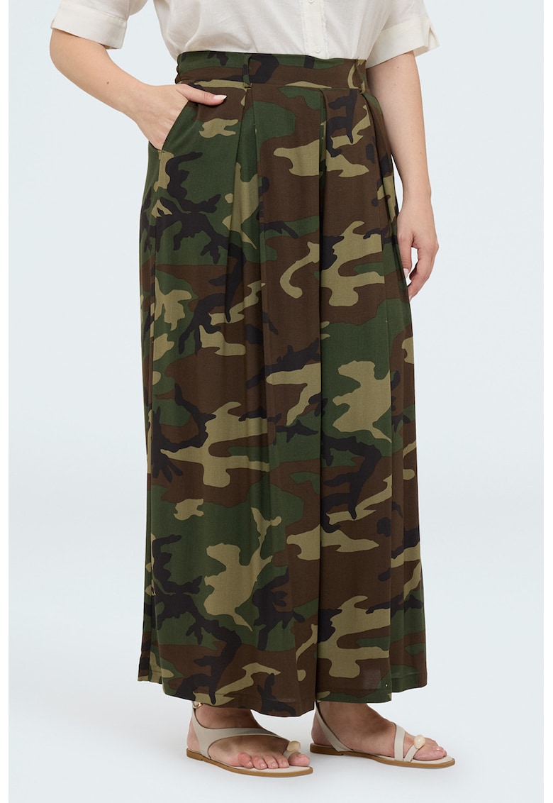 Pantaloni cu croiala ampla si imprimeu camuflaj - Kaki/Kaki inchis
