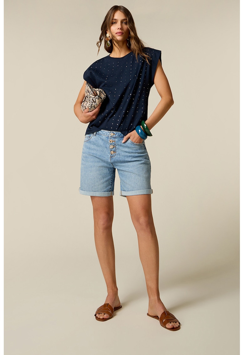 Pantaloni scurti din denim cu nasturi - Albastru deschis melange