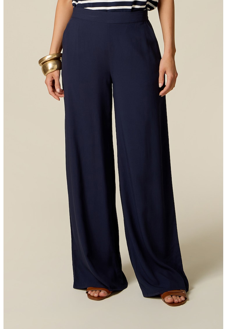 Pantaloni cu croiala ampla si talie inalta - Bleumarin