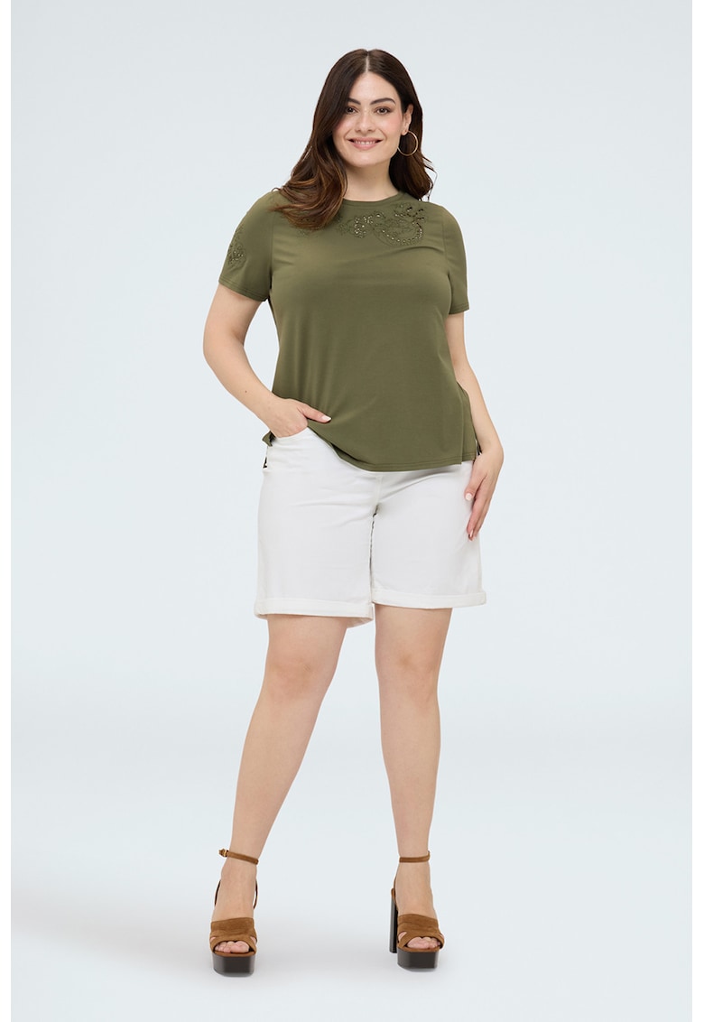 Tricou cu decolteu rotund si broderie - Kaki