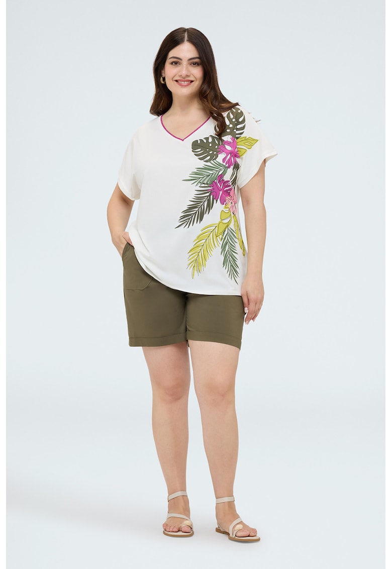 Tricou cu imprimeu tropical si decolteu in V - Alb/Kaki