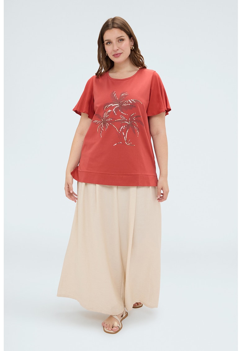 Tricou cu maneci cu volan si model - Portocaliu dovleac