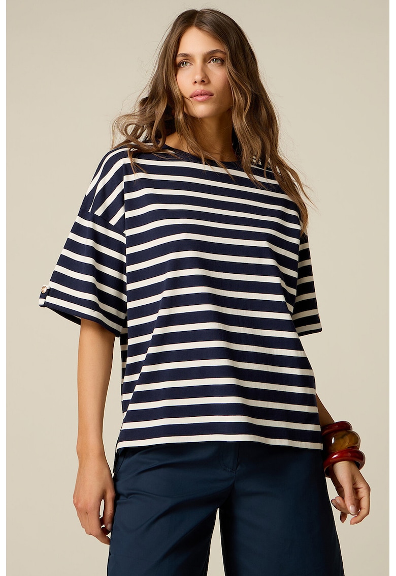 Tricou supradimensionat cu dungi - Alb/Albastru ultramarin