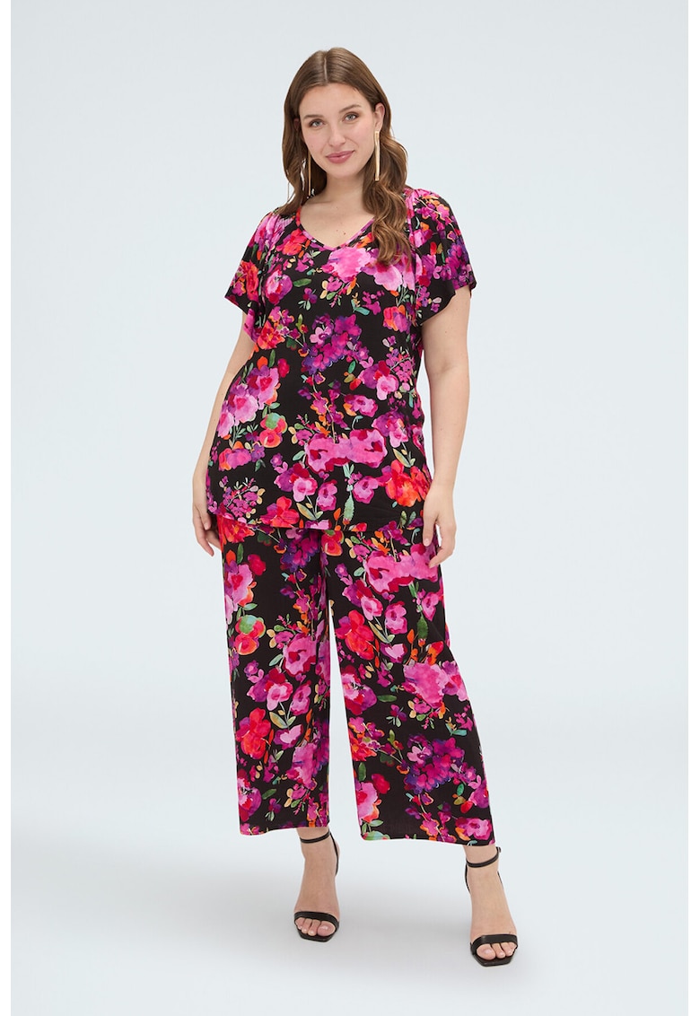 Tricou cu decolteu in V si model floral - Multicolor