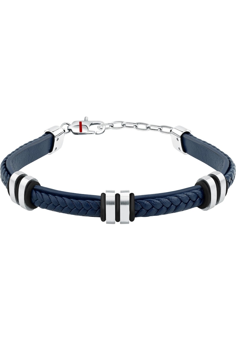 Bratara inox si piele naturala - argintie si albastra