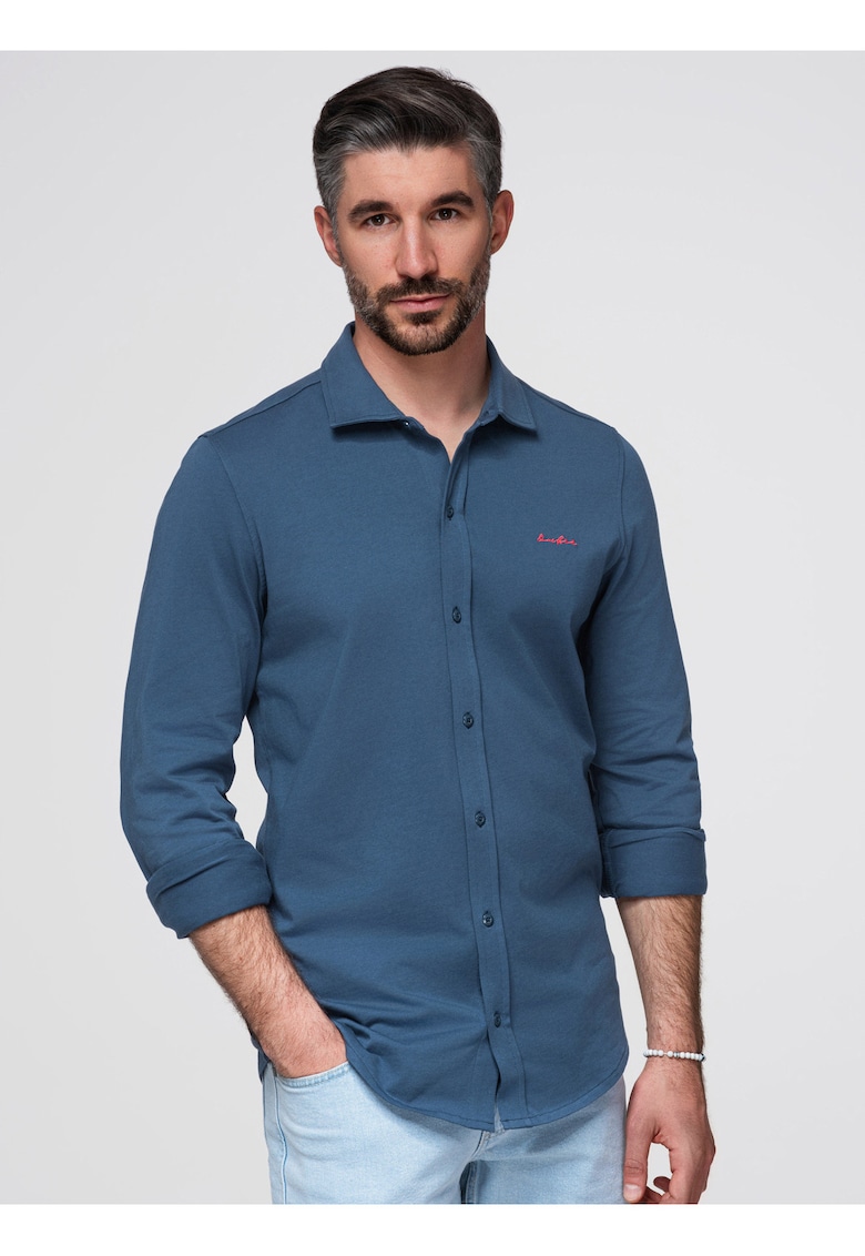 Camasa barbati regular fit cu guler clasic si broderie contrastanta - denim -