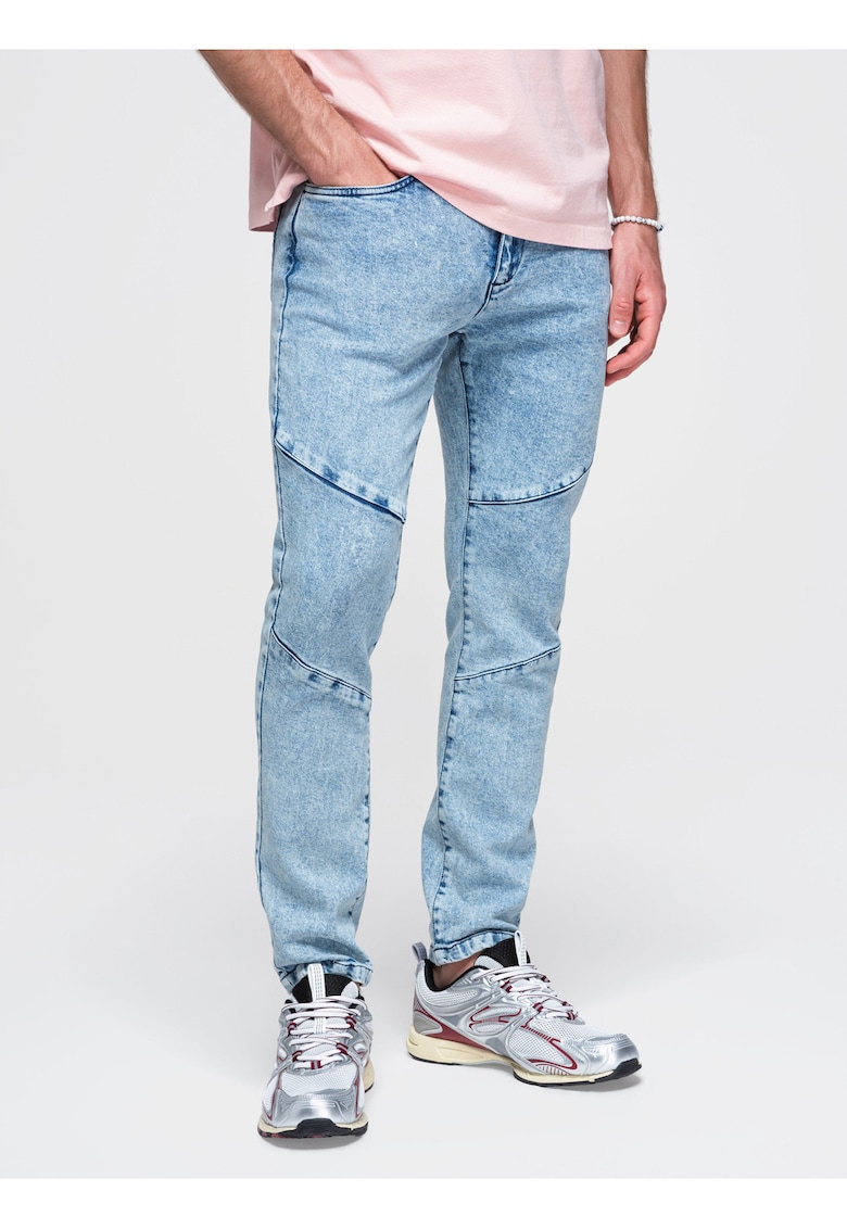 Pantaloni barbati slim fit din denim cu efect marmorat P1527 - Albastru deschis