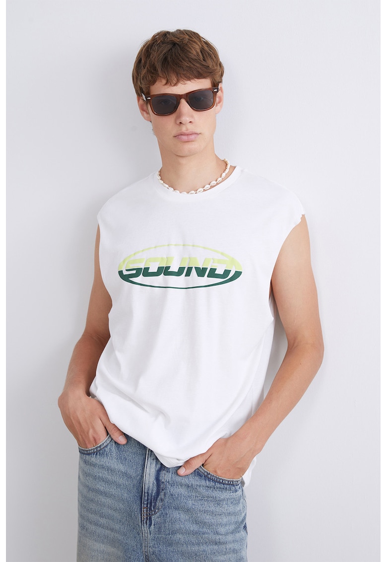 Top de bumbac cu imprimeu text - Alb optic