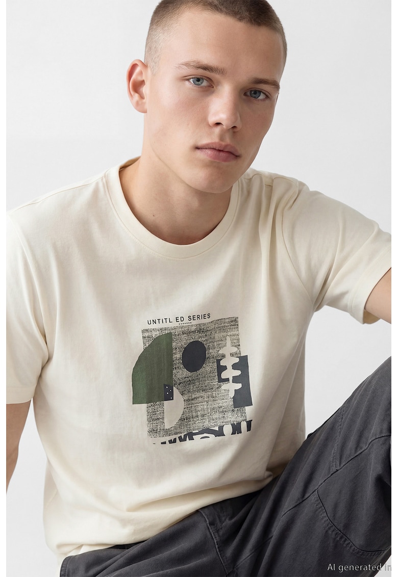 Tricou cu decolteu la baza gatului si imprimeu grafic - Alb murdar