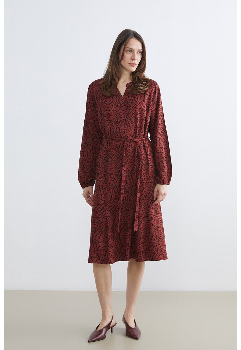 Rochie midi cu cordon in talie - Negru/Rosu inchis