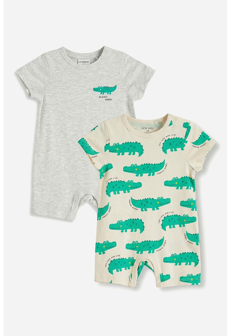 Set de salopete de bumbac cu model crocodil - 2 piese - Verde/Galben pal/Gri deschis melange