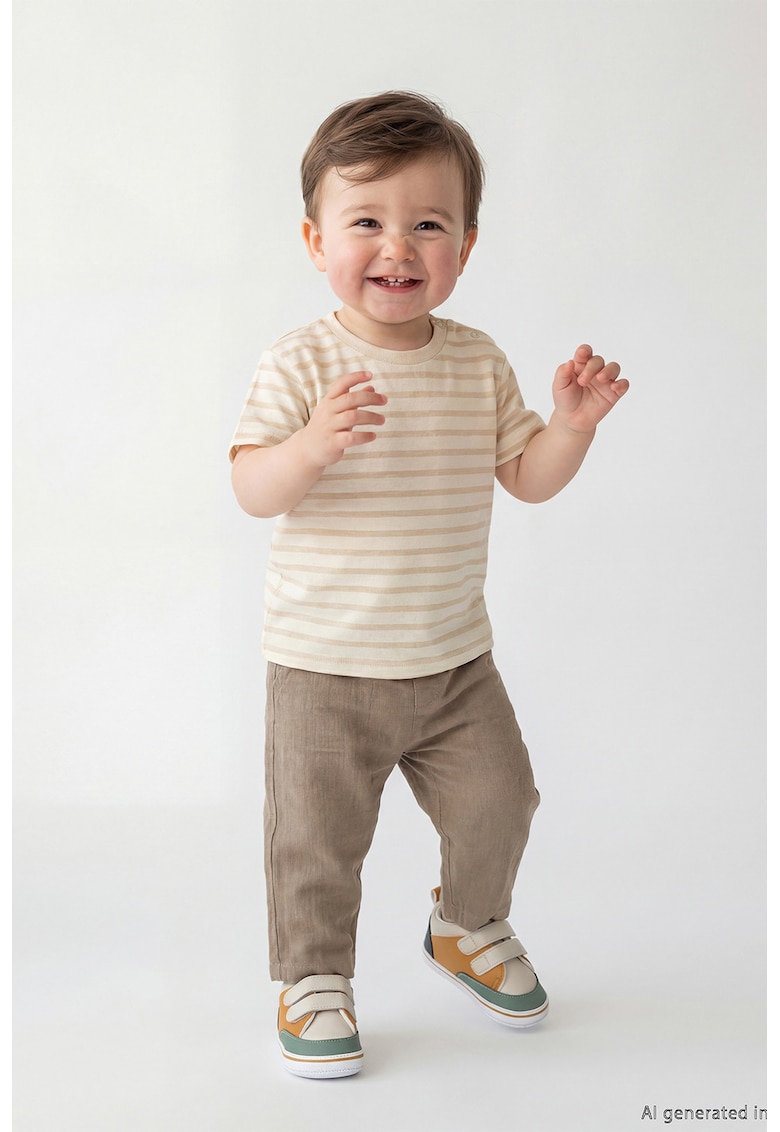 Set de tricou si pantaloni de bumbac - 2 piese - Bej/Alb murdar