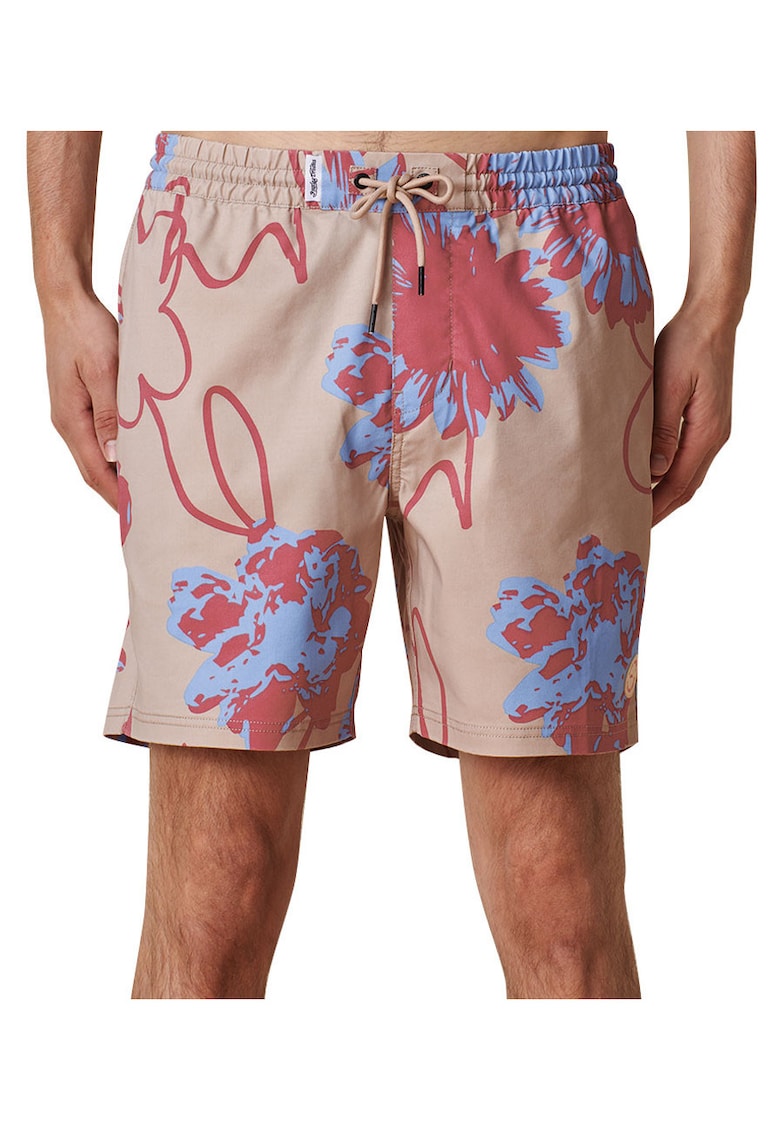 Pantaloni scurti de baie cu imprimeu floral abstract si snur in talie