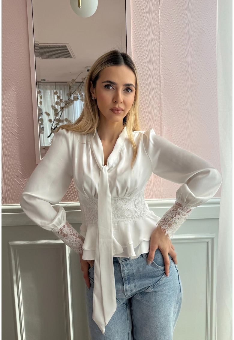 Bluza satine cu funda - talie din dantela si mansete romantice Jasmine - Alb