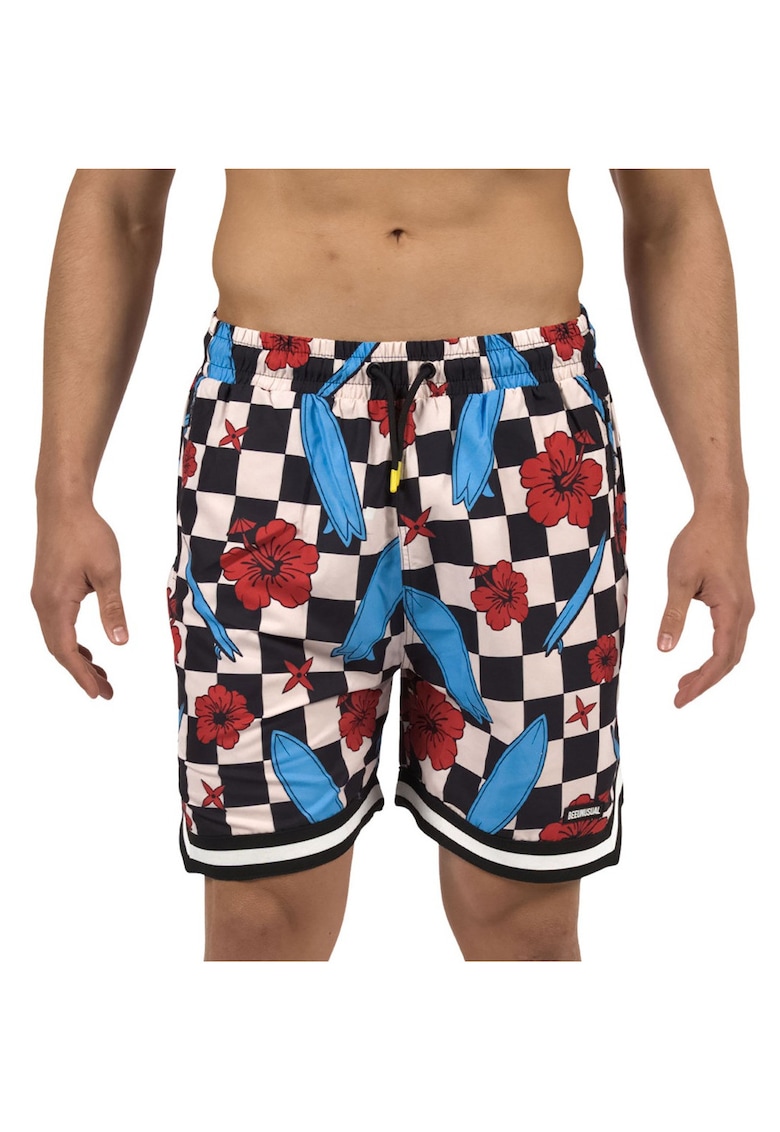 Pantaloni scurti de baie cu carouri si imprimeu tropical