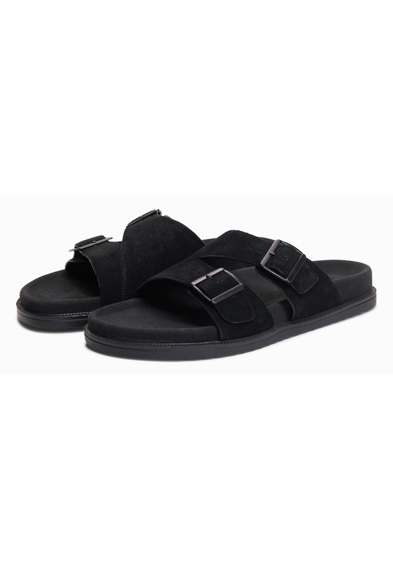 Slapi barbati din piele intoarsa cu doua barete ajustabile OM-FOSF-0249 - Negru