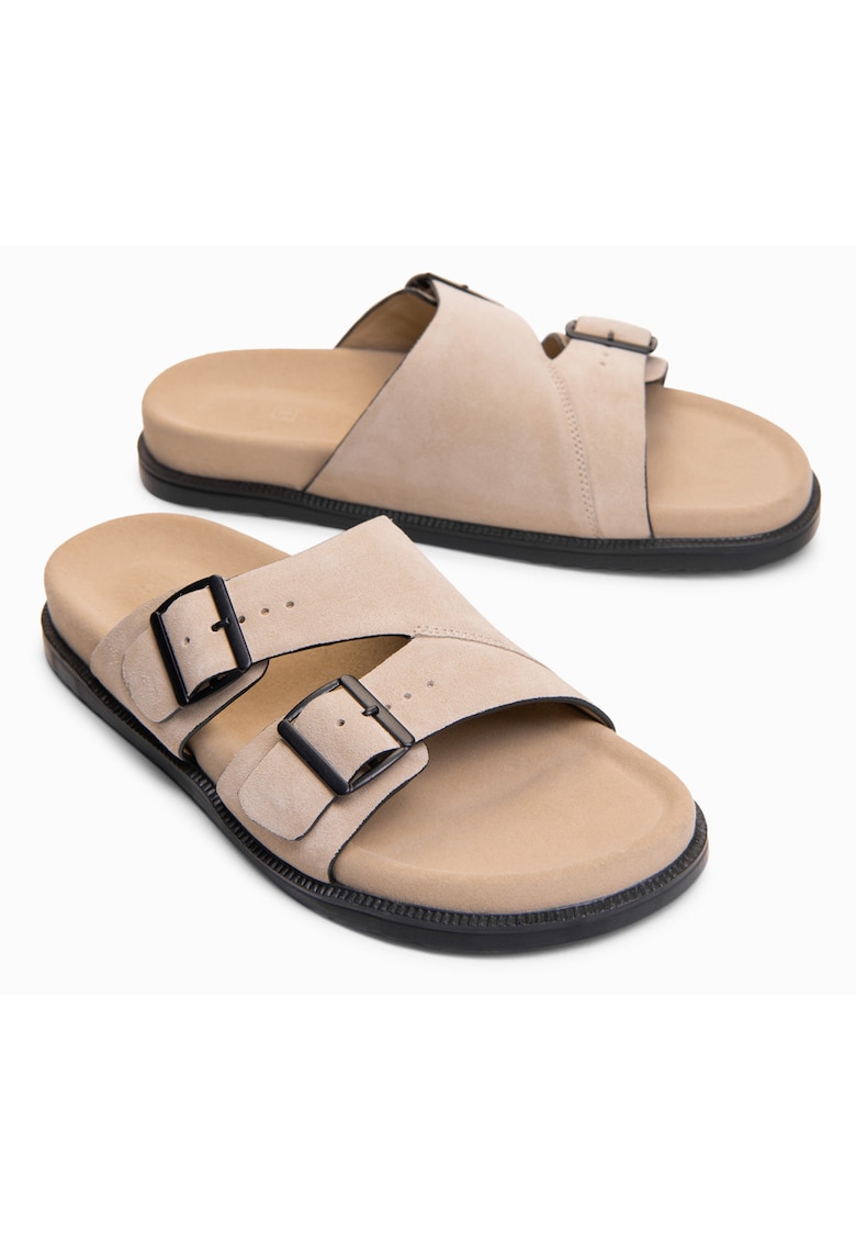 Slapi barbati din piele intoarsa cu doua barete ajustabile OM-FOSF-0249 - Bej