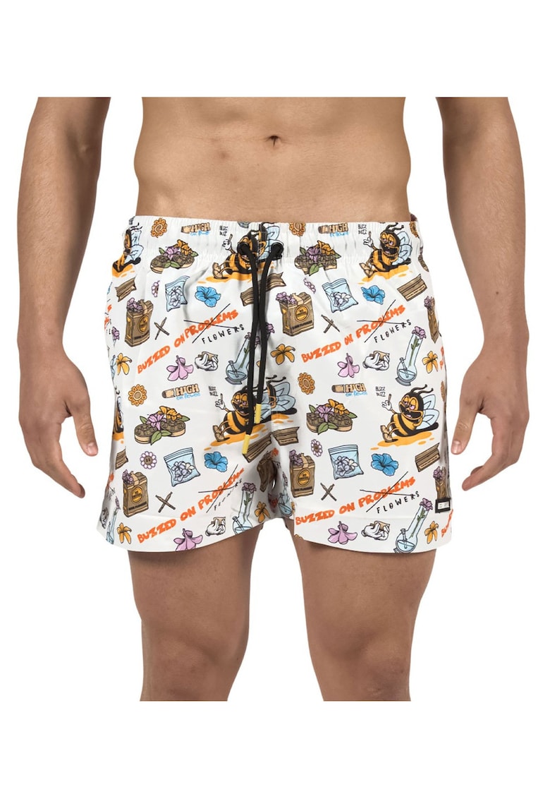 Pantaloni scurti de baie cu imprimeu grafic si snur de ajustare