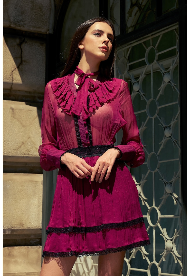 Rochie mini din matase cu volane - Fucsia