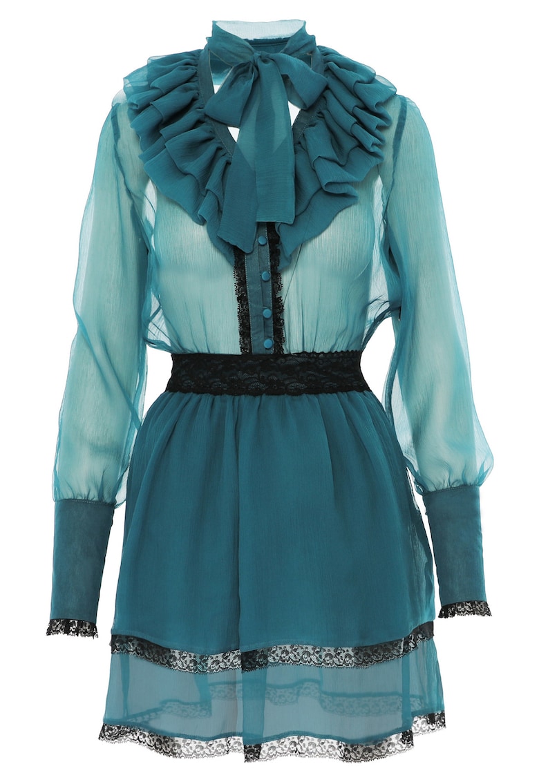 Rochie mini din matase cu volane - Turcoaz