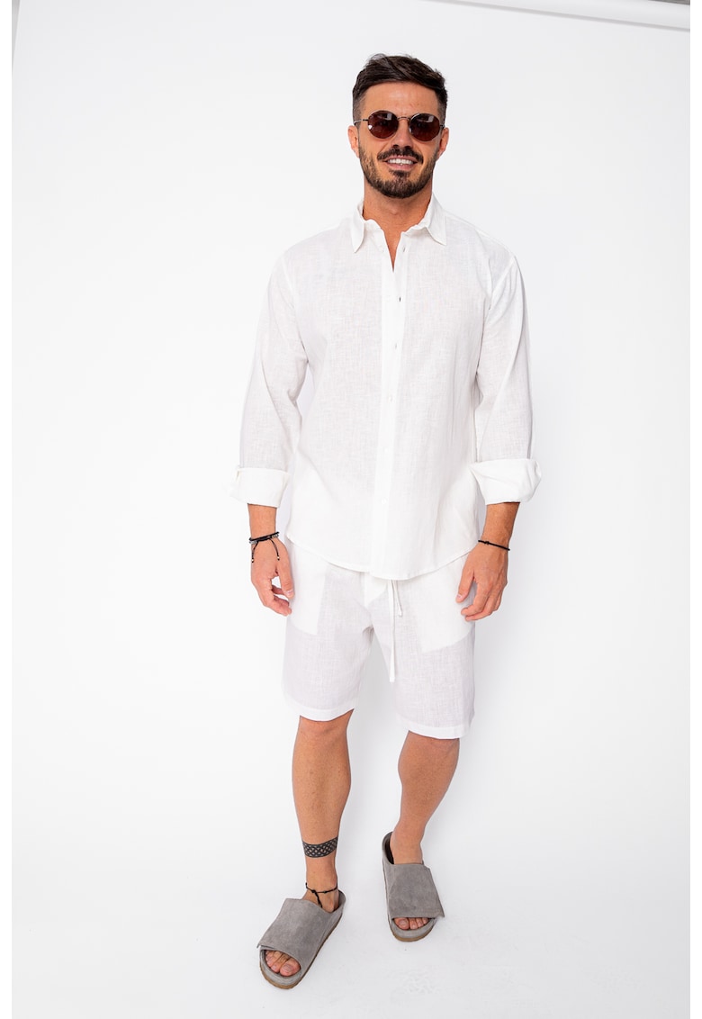Set Lino 100% In camasa si pantalon scurt Premium Edition Off White 21748 - Alb