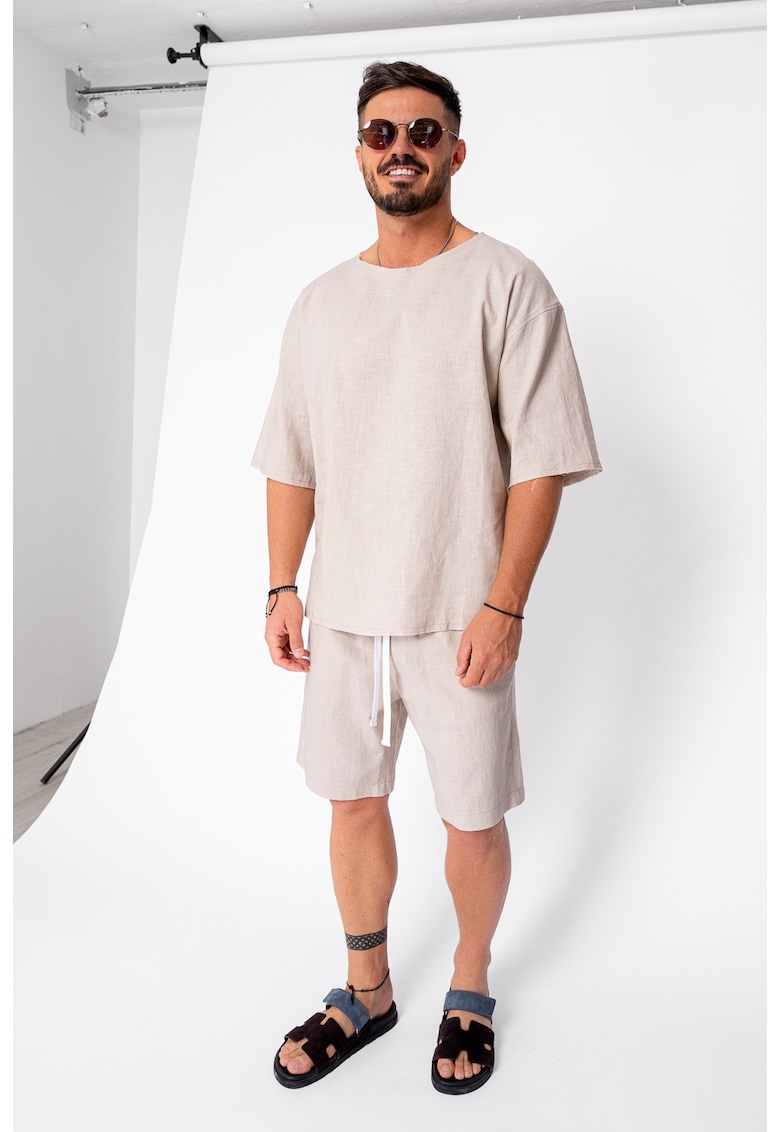 Set Lino 100% In Tricou si pantalon scurt Light Beige Premium Edition New 21832 - Bej deschis