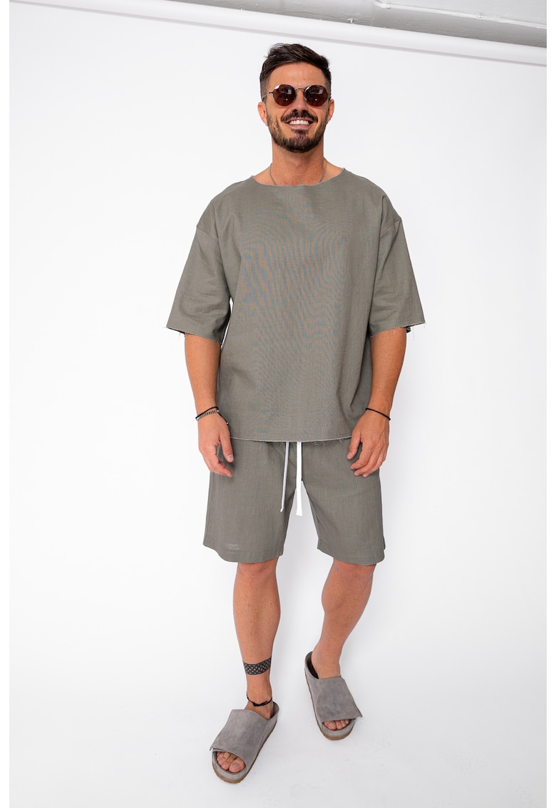Set Lino 100% In Tricou si pantalon scurt Dark Olive Premium Edition New 21845 - Verde masliniu inchis