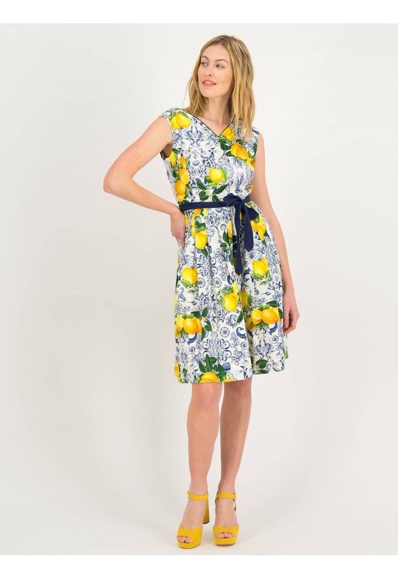 Rochie imprimata cu lamai si decolteu in V - din amestec de bumbac organic -