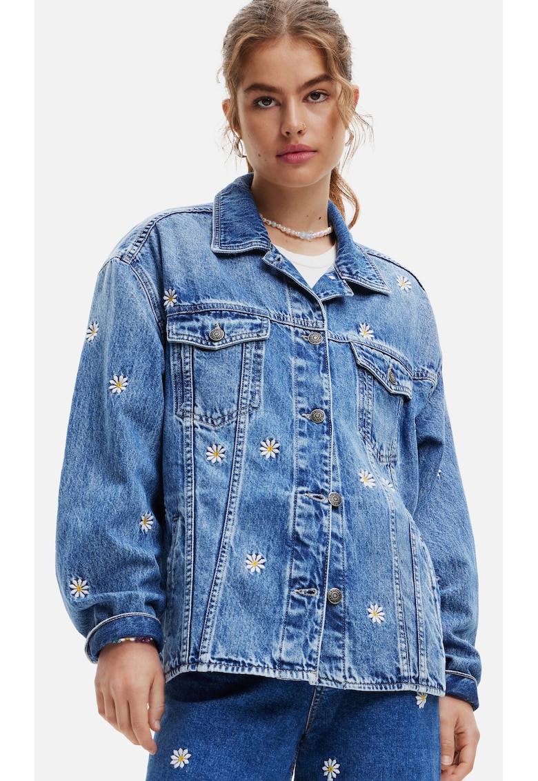 Jacheta lejera din denim cu model floral -