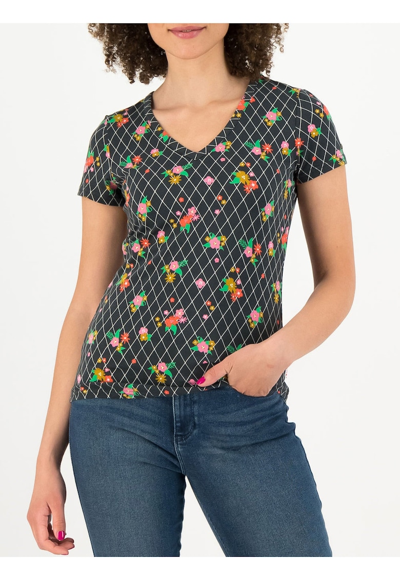 Tricou din amestec de bumbac cu model grafic si floral -