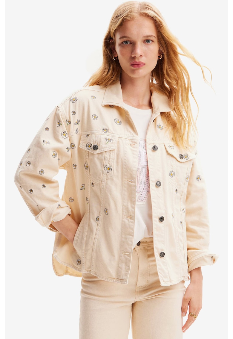 Jacheta din denim cu model floral
