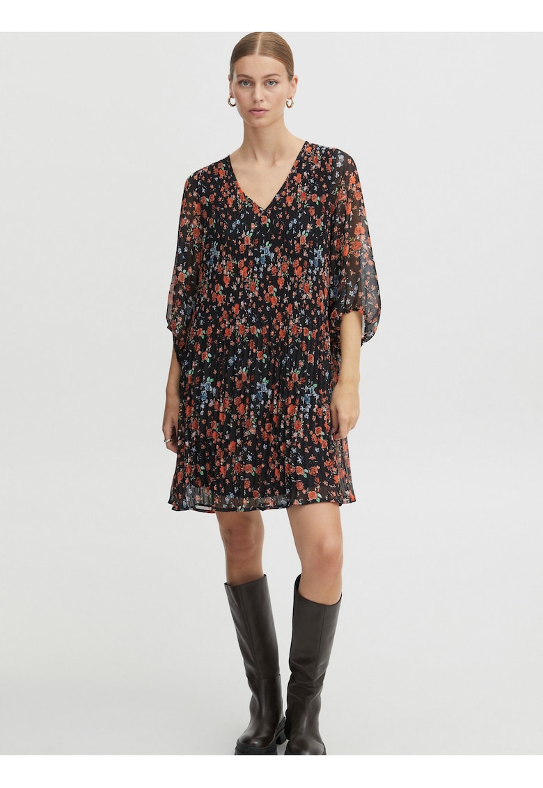 Rochie vaporoasa cu model floral si maneci lungi -