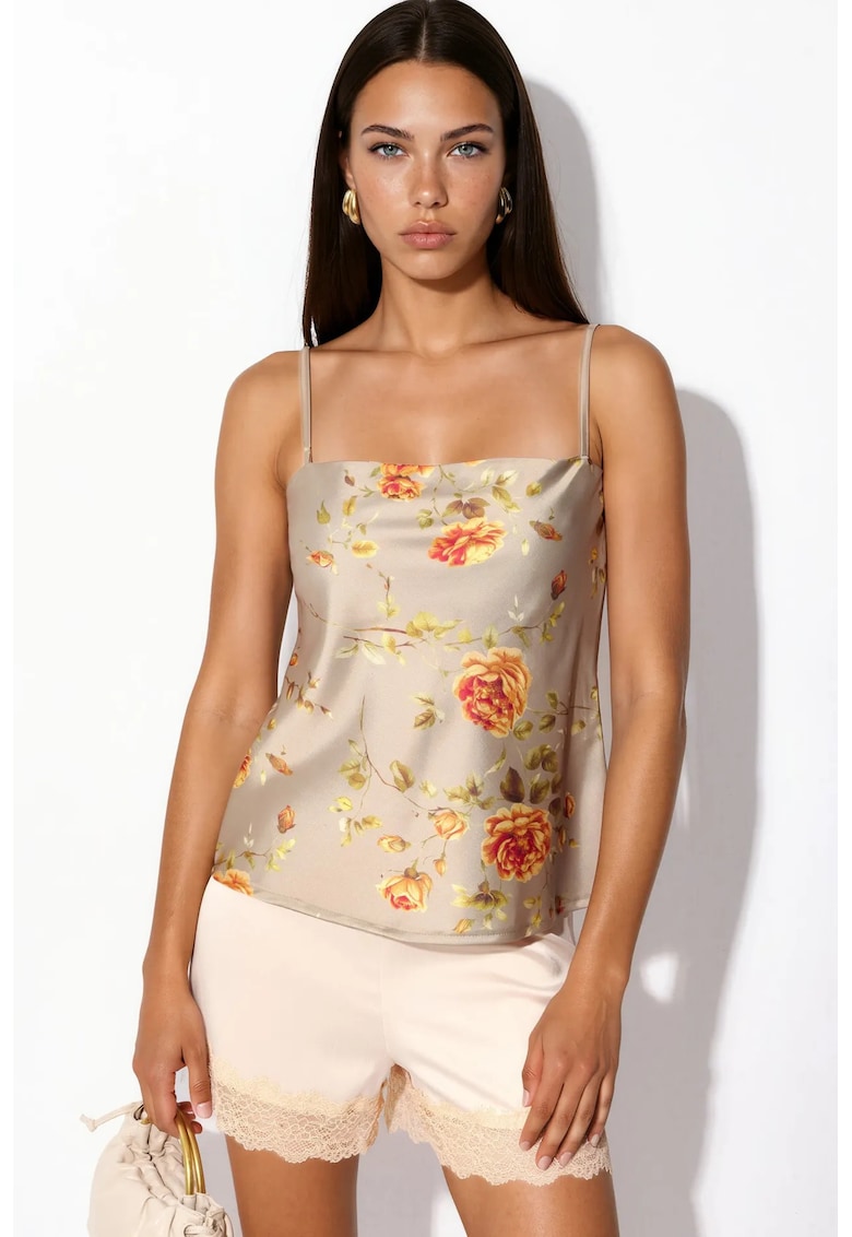 Bluza dama - satinata - imprimeu floral - bej natural - fara inchidere