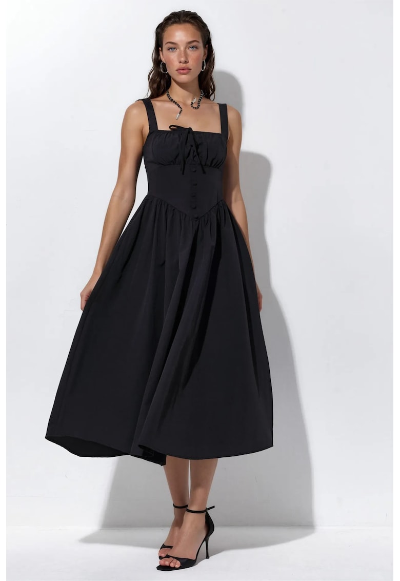 Rochie Midi Casual - Guler Patrat - Negru - 65% Bumbac