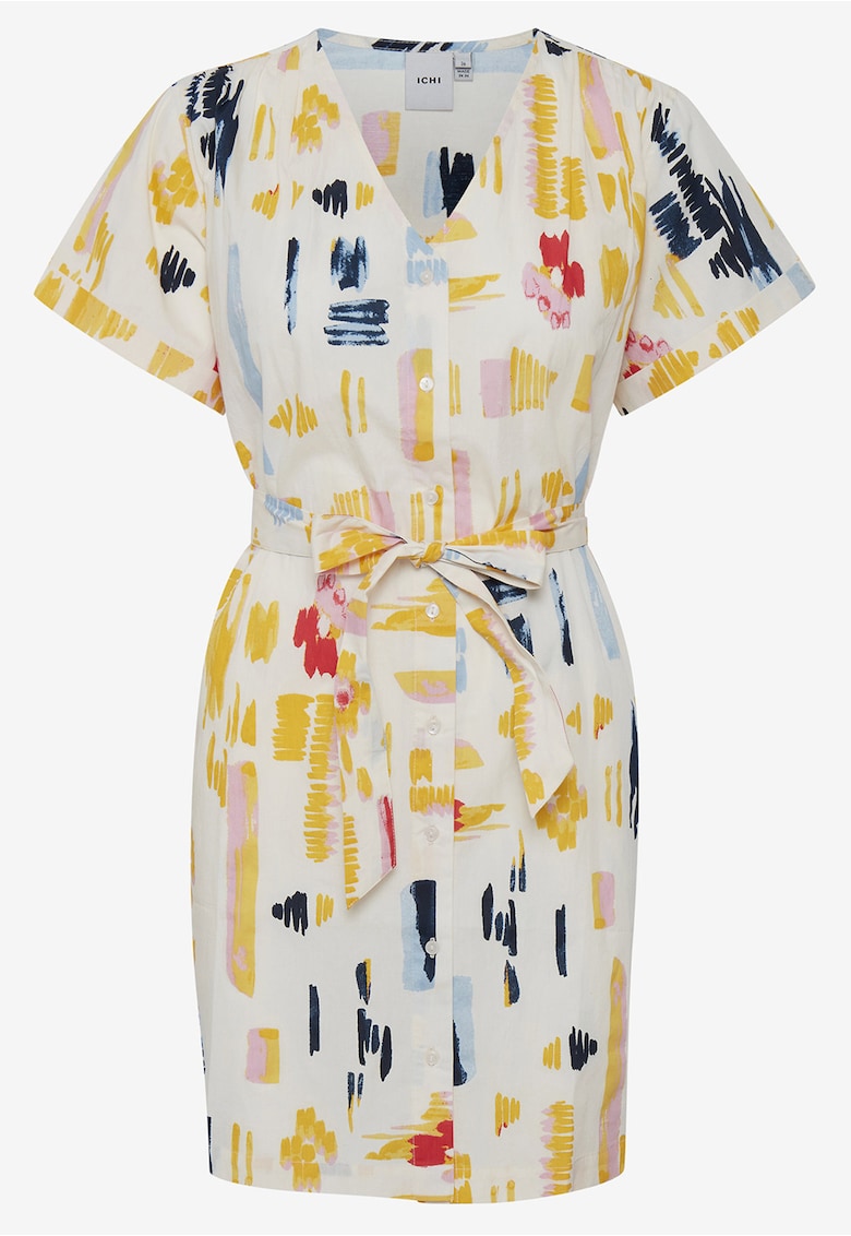 Rochie din bumbac cu imprimeu abstract si cordon in talie -