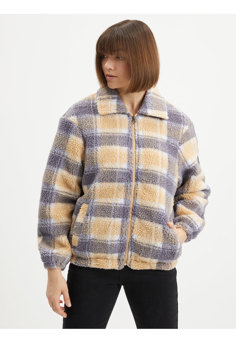 Bluza de trening cu model in carouri si aspect pufos -