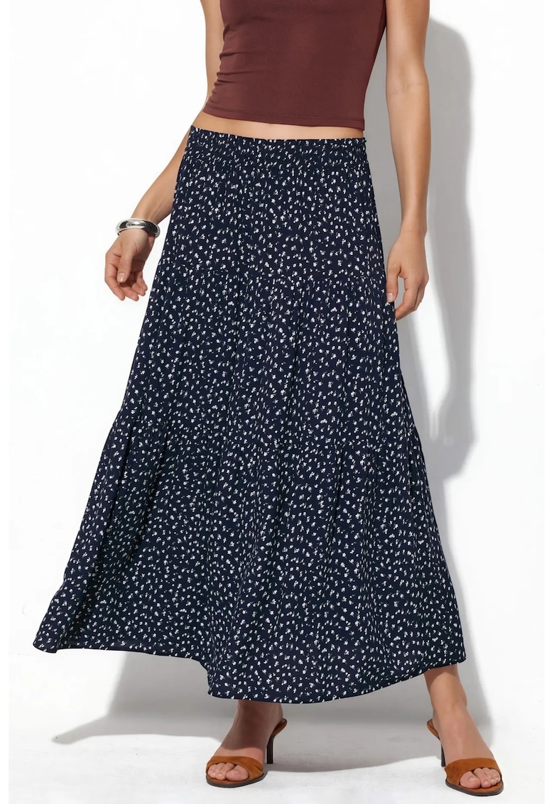 Fusta Maxi - cu Talie Inalta - Floral - Albastru Marin - 100% Viscoza