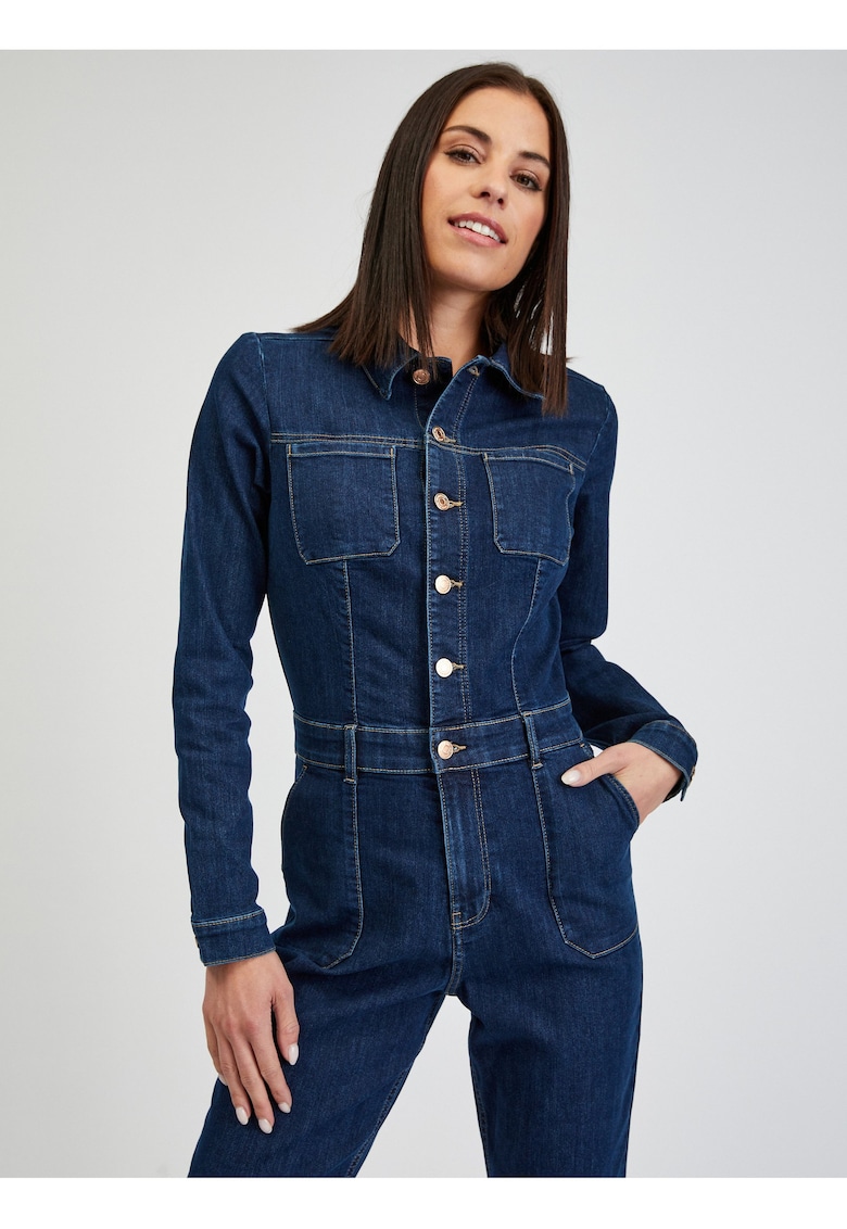 Salopeta din denim cu maneci lungi si nasturi -