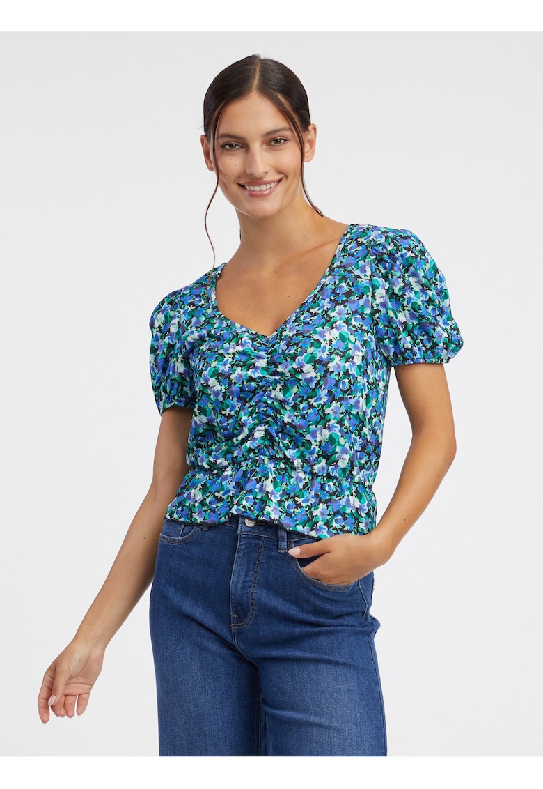 Tricou in V crop cu imprimeu floral