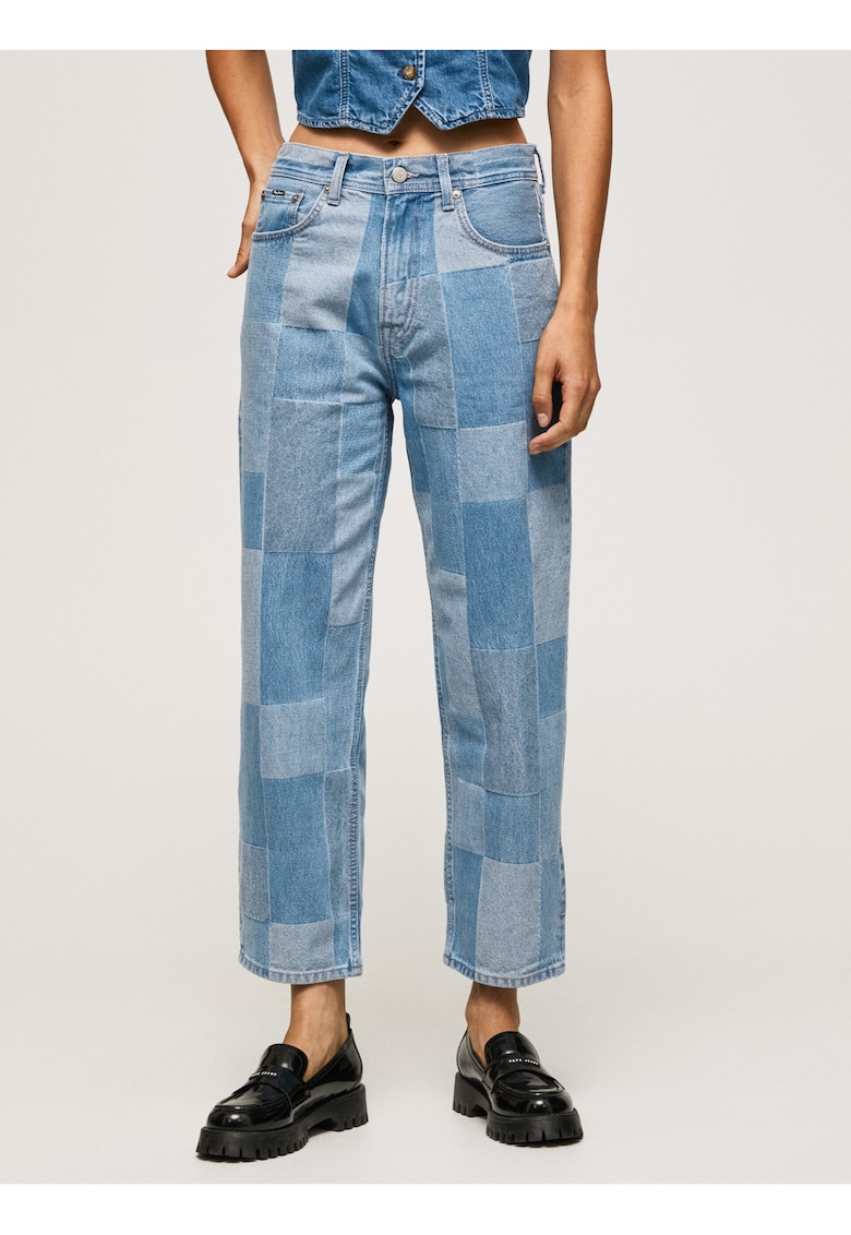 Blugi crop patchwork cu croiala dreapta -