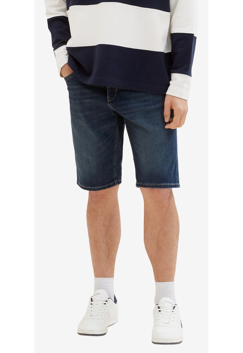 Pantaloni scurti din denim cu talie medie si aspect decolorat -