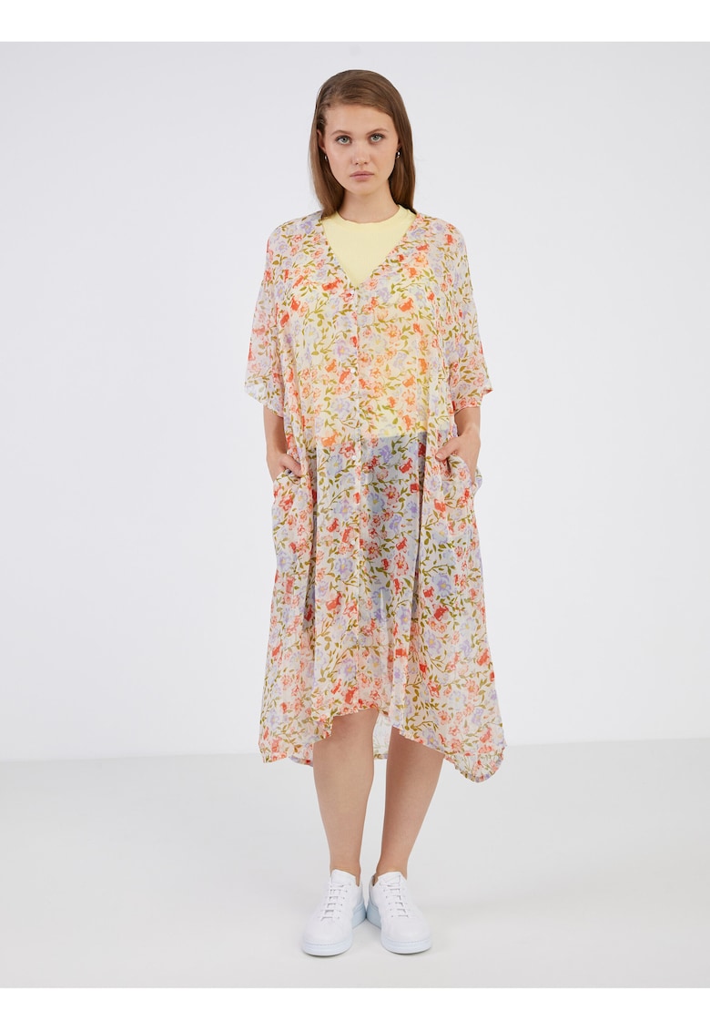 Caftan cu imprimeu floral si decolteu in V