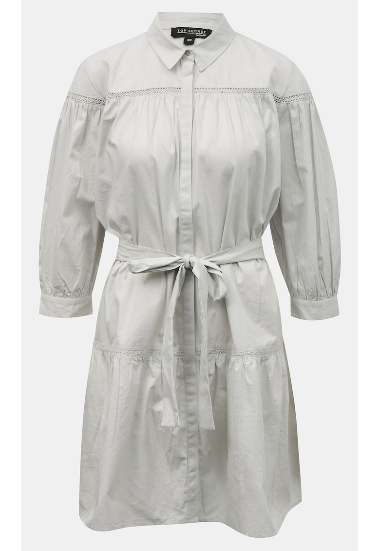 Rochie-camasa din bumbac cu model uni si cordon in talie