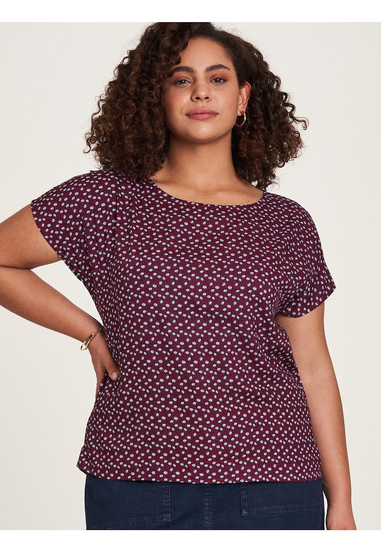 Tricou din viscoza cu model floral si decolteu la baza gatului